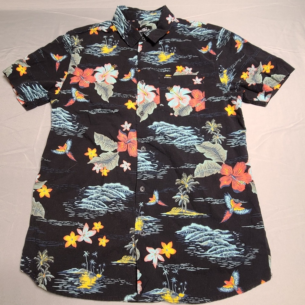 Oneill Button Up Mens M Short Sleeve Hawian Floral Bird Nautical All Over Print